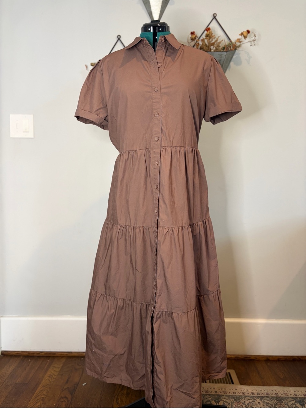 Evelyn Button Down Tiered Midi Dress in Brown XL